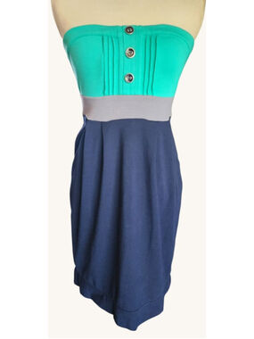 Rio Rae Strapless Colorblock Dress Turquoise Gray Navy Button Detail Zip Back M